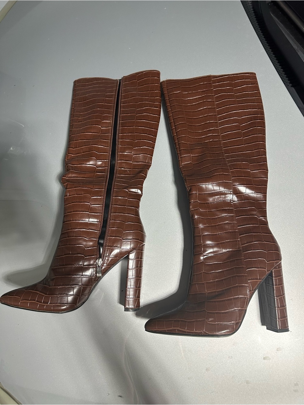 Boohoo Brown Croc-Embossed Knee-High Heeled Boots